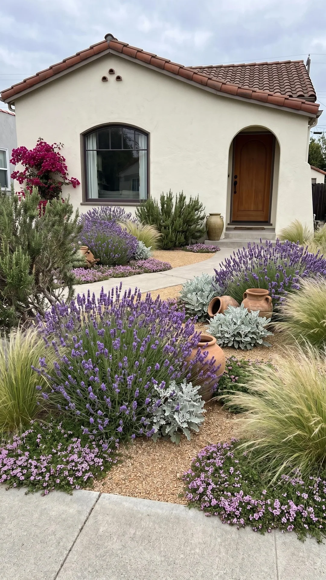 Gardenful visualization of a Mediterranean entry garden with lavender, grasses, gravel, and terracotta accents