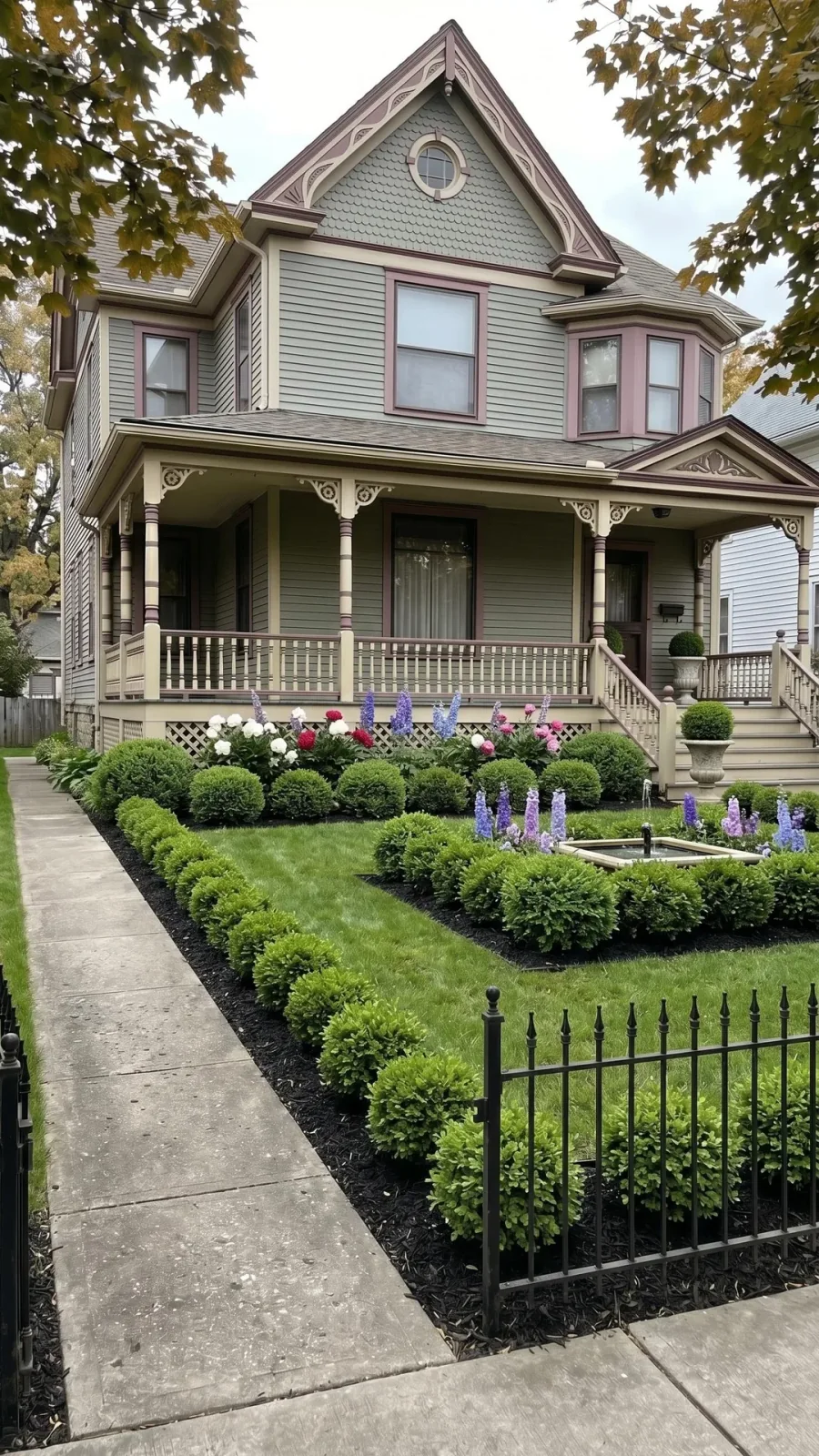 Gardenful visualization of a historic Victorian front yard with formal hedges, lawn, flowers, and a central fountain