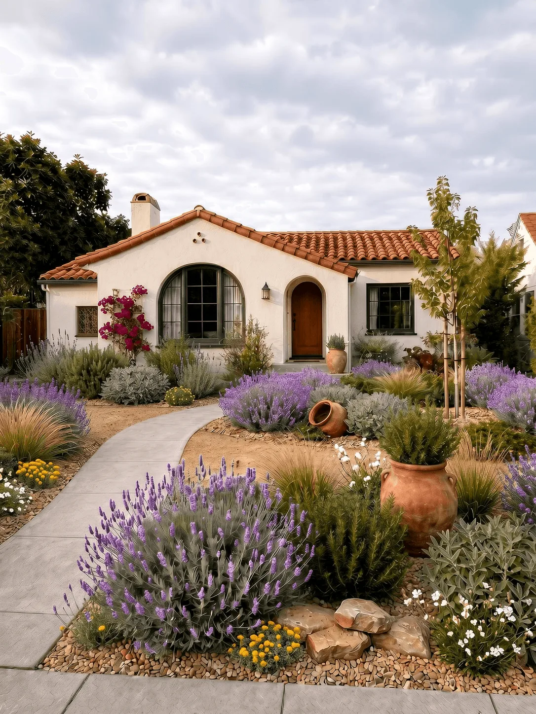 Gardenful visualization of a Mediterranean front yard with lavender, grasses, gravel, and terracotta accents