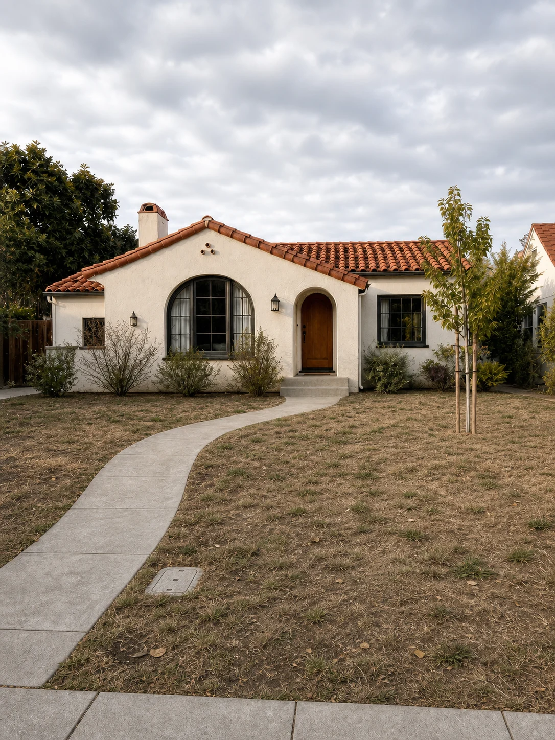 Before photo of a Spanish-style front yard with patchy lawn and bare beds