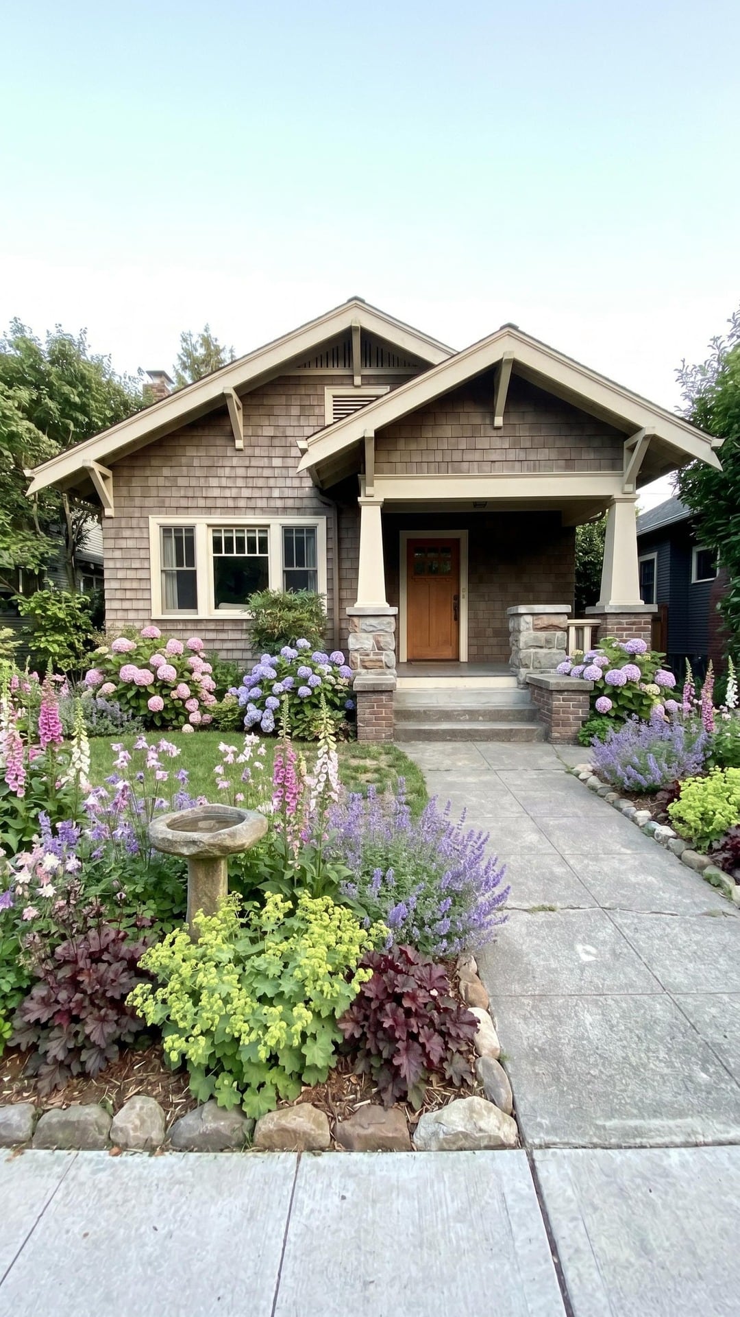Gardenful front yard visualization for a craftsman bungalow with hydrangeas, foxgloves, catmint, and a welcoming entry path