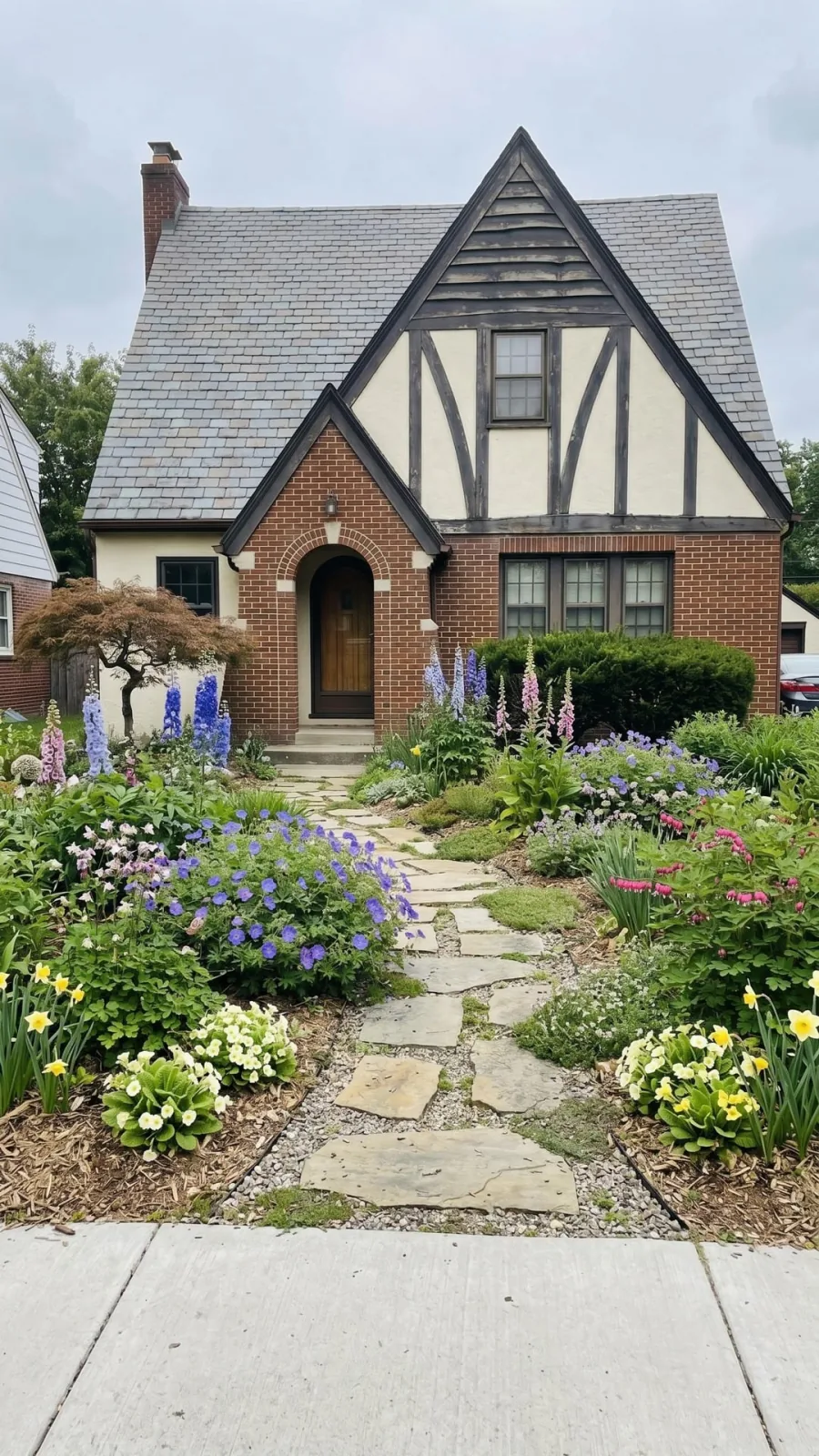 Gardenful visualization of a storybook cottage front yard with layered flowering beds and a curved path