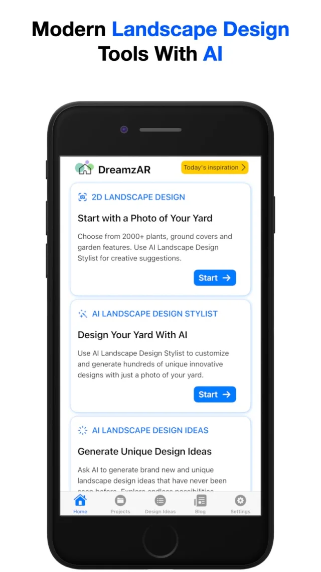 DreamzAR App Store screen presenting its 2D and AI landscape design tools