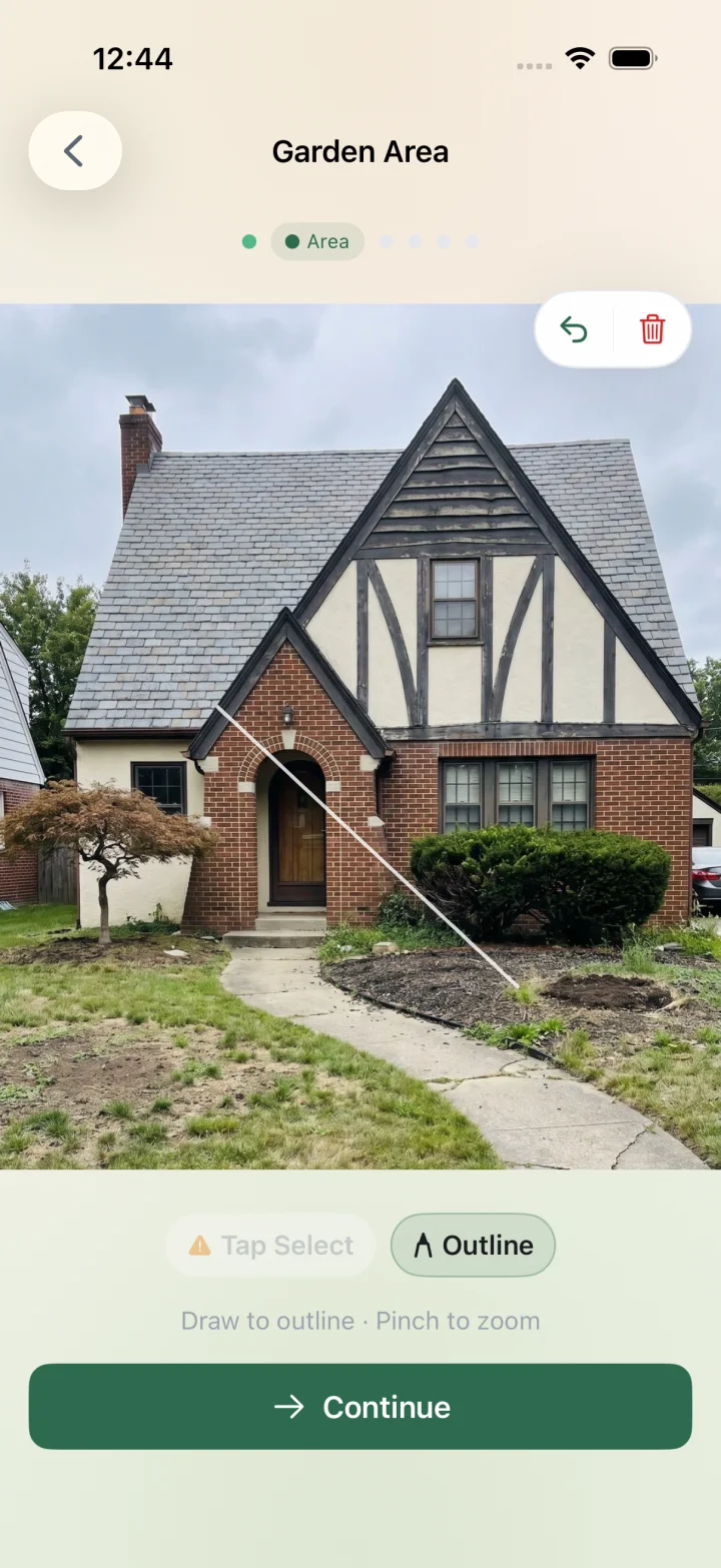 Gardenful area editor with a planting bed outlined beside the path of a real front yard