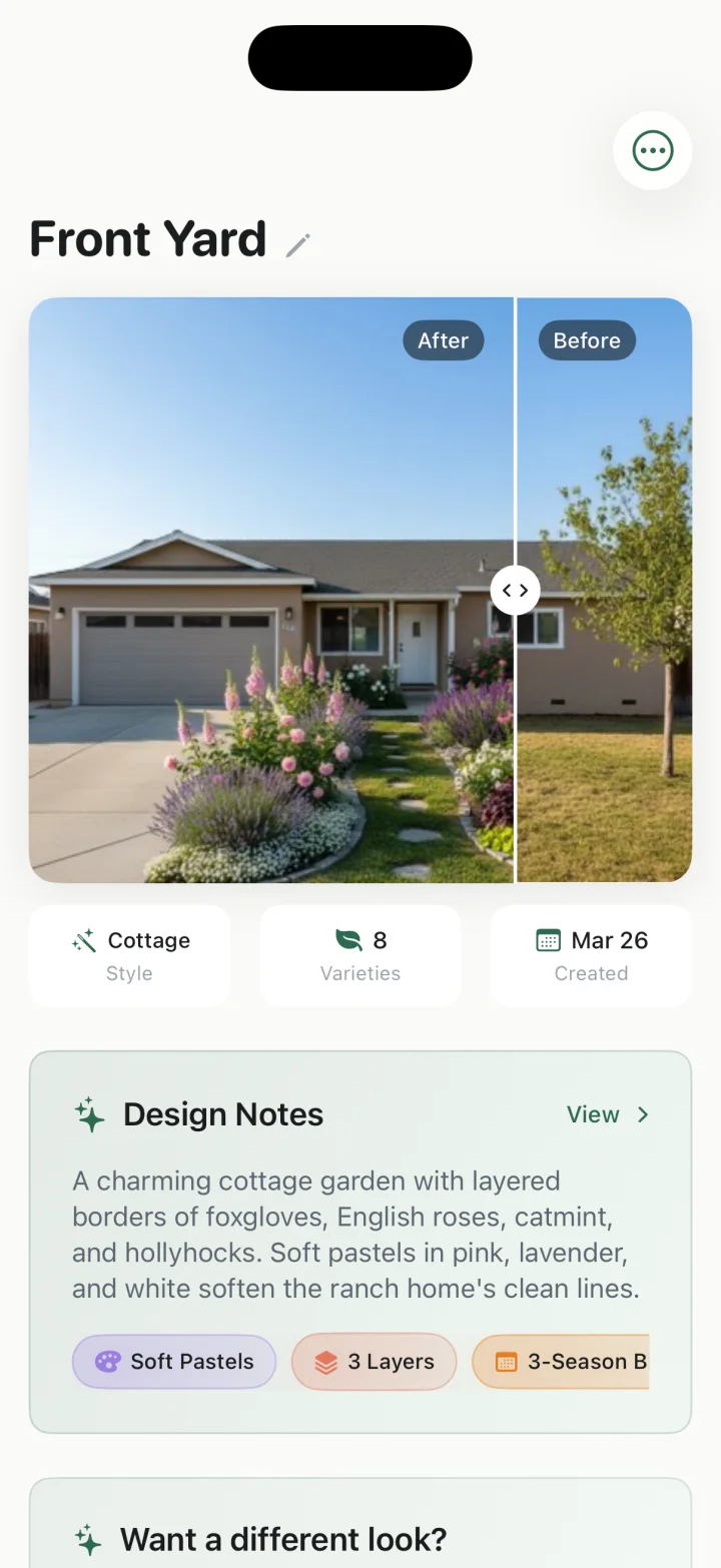 Gardenful before-and-after slider comparing a front yard photo with its planted design