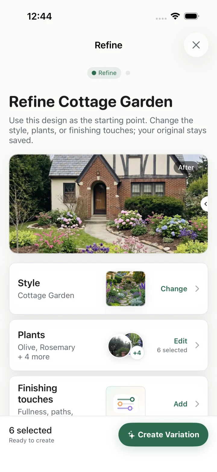 Gardenful refine screen with style, plant selection, fullness, path clearance, maintenance, privacy, and color controls