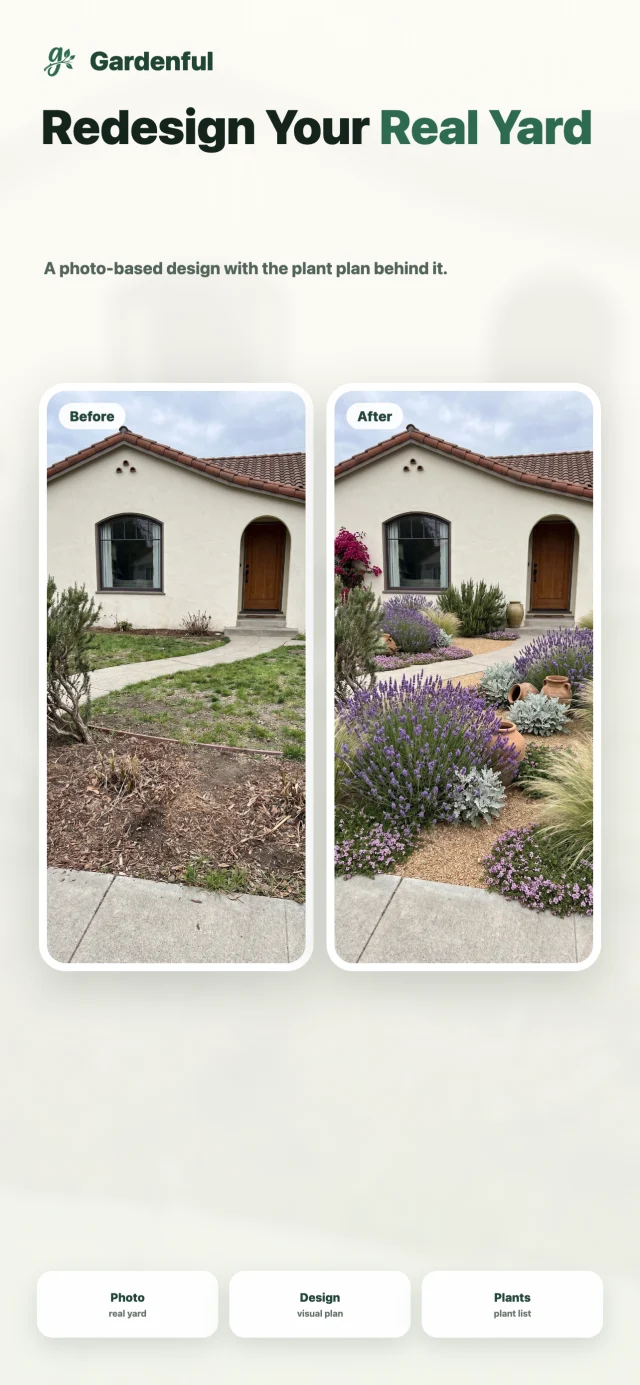 Gardenful App Store product slide showing a real front yard before and after a planting-focused redesign