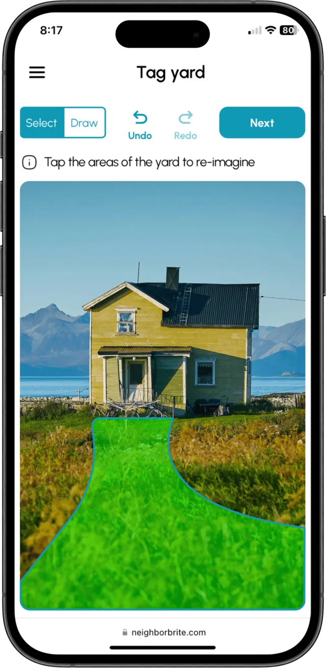 Neighborbrite mobile screen for selecting and drawing the part of a yard to redesign