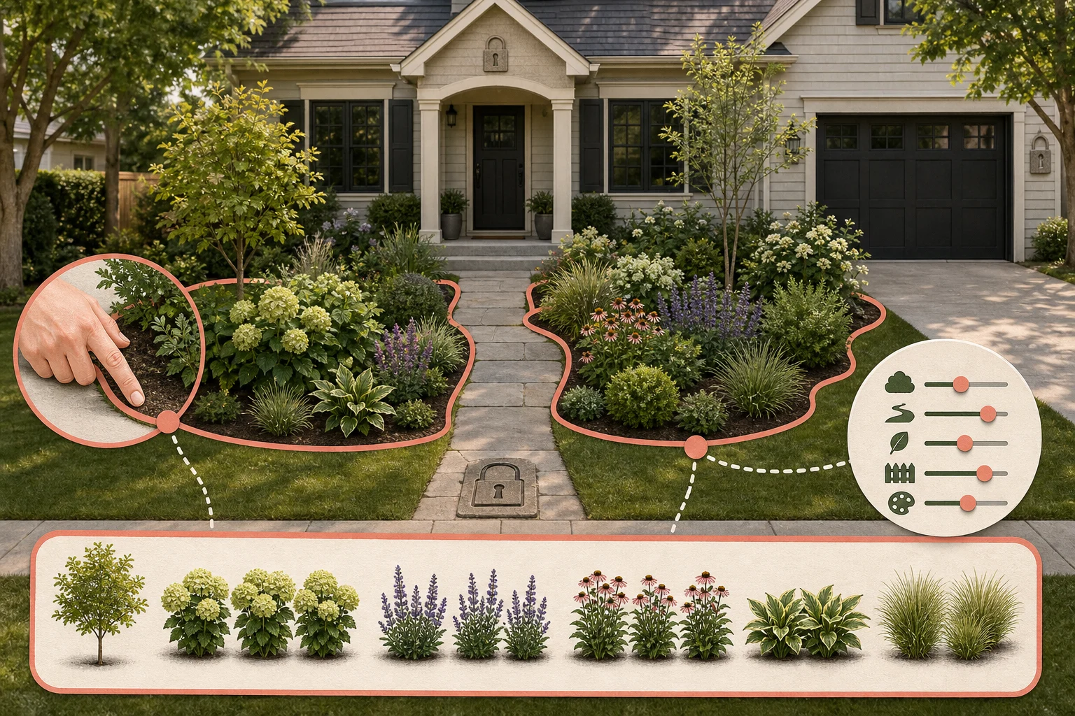 Illustrated front yard with the house, driveway, and path held as fixed anchors while selected planting beds are filled with a real plant palette