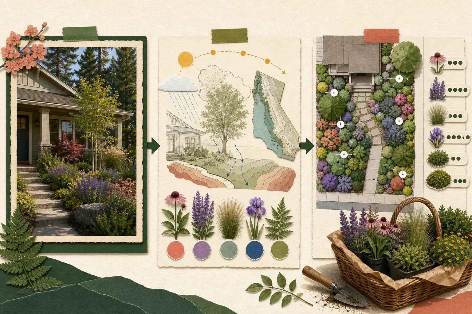 Editorial triptych moving from a realistic yard image to climate and site filters, then to a measured planting plan and nursery basket