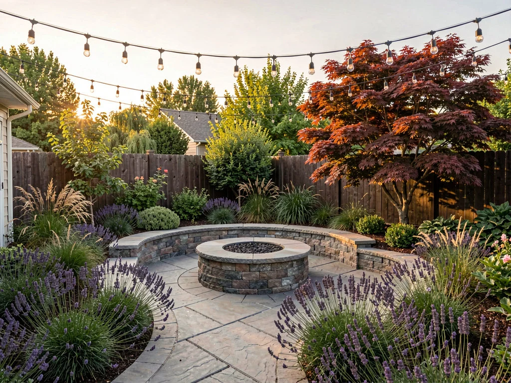 Landscaped backyard with a circular fire pit shown as an official Remodel AI landscape example