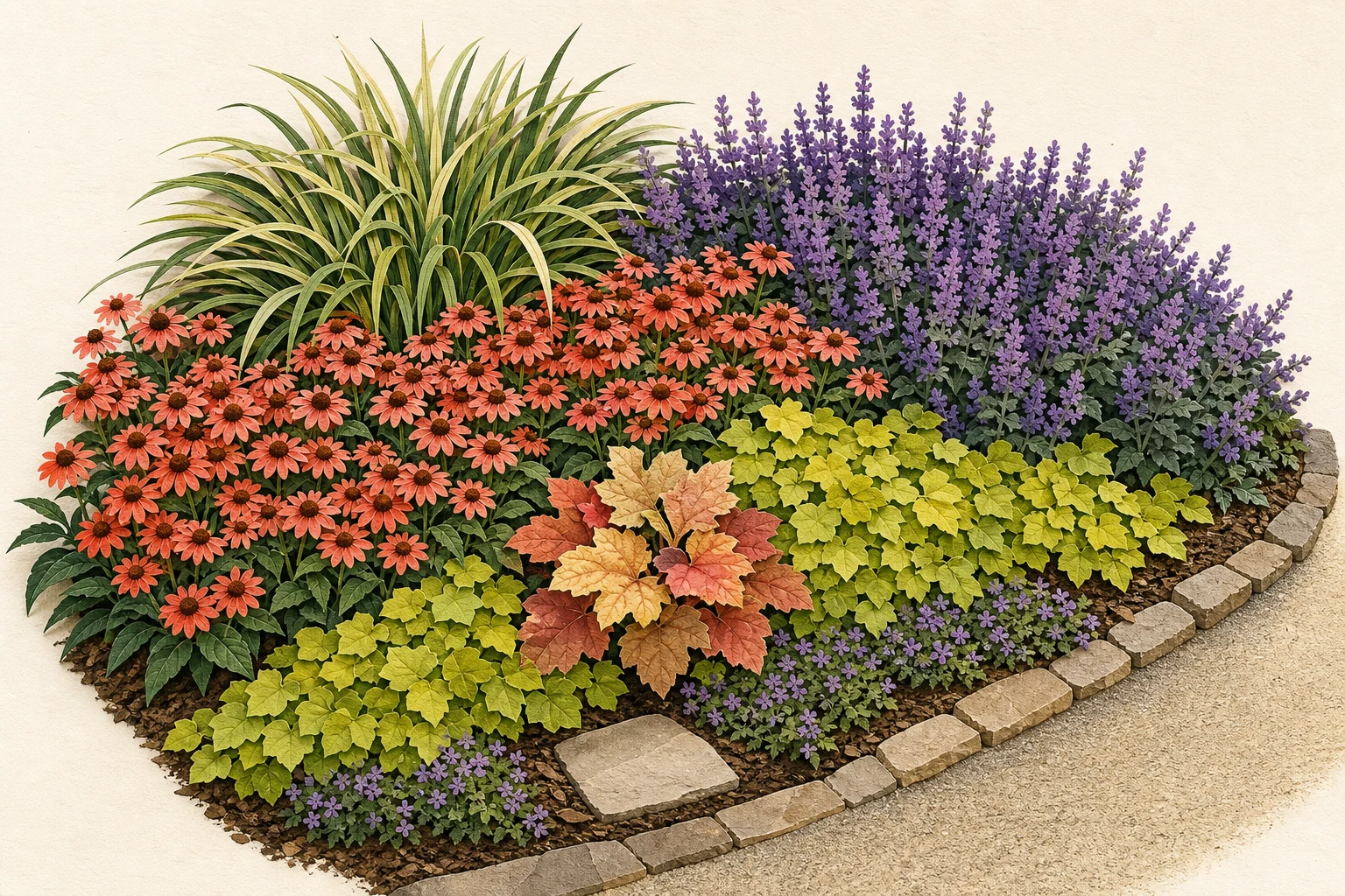 Complete flower bed arranged with a structural grass, repeated coral and lavender flower masses, chartreuse foliage, a low edge, and an access stone