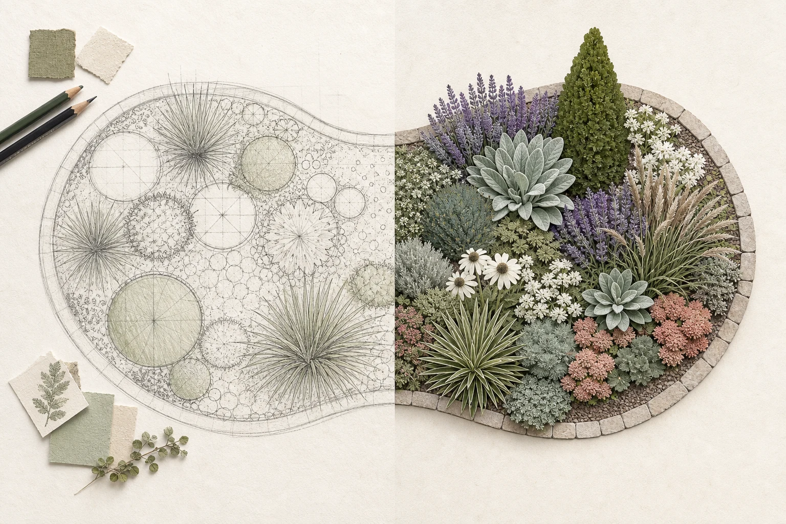 The same yard shown before and after a layered garden design