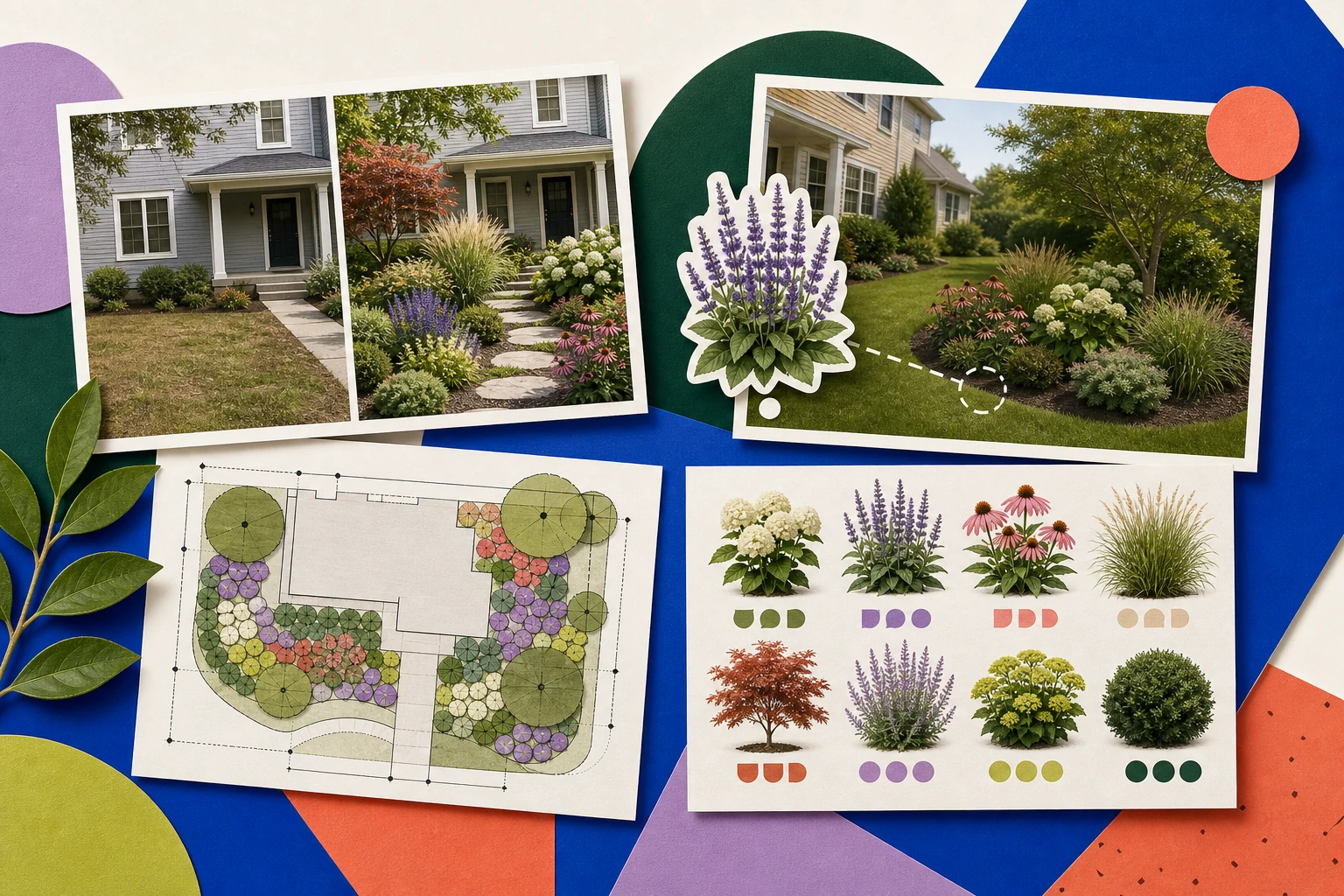 Editorial collage comparing a yard before and after, plant placement, a measured landscape plan, and a named plant palette