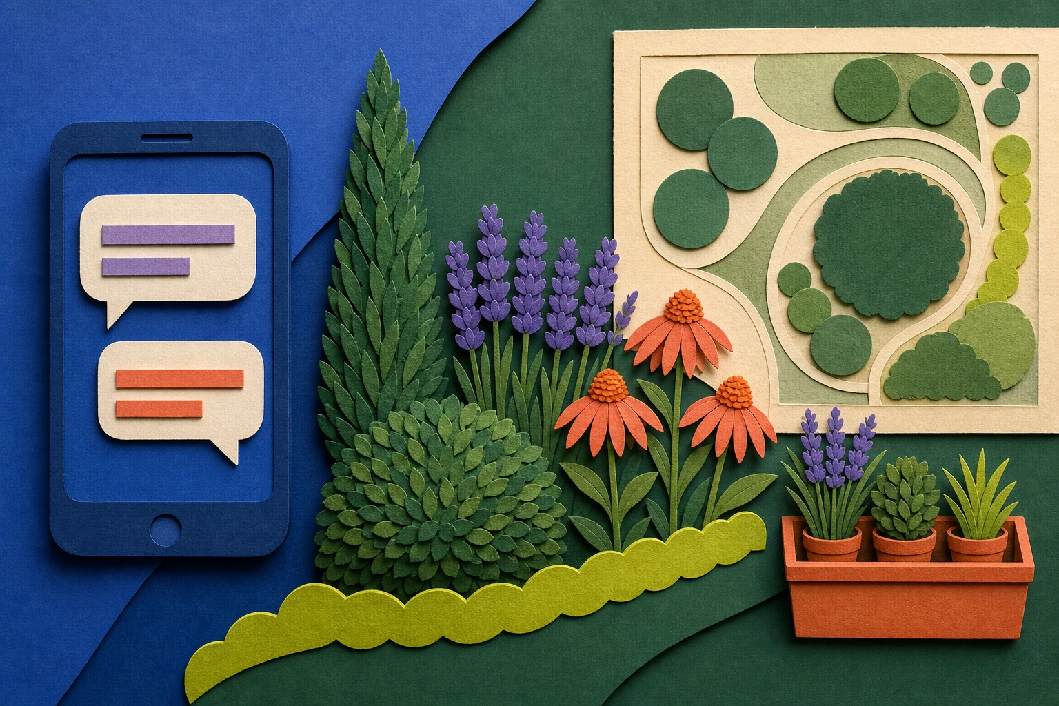 Paper-craft collage of a phone chat turning into a garden of lavender, coneflowers, and a boxwood beside a garden plan drawing