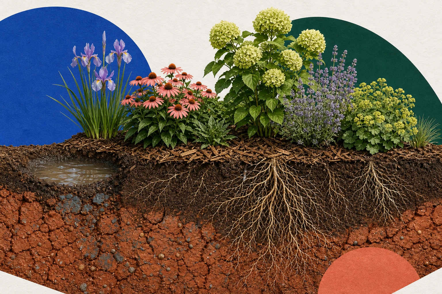 Garden soil cutaway collage with dense red clay, mulch, roots, a wet pocket, and clay-tolerant plants