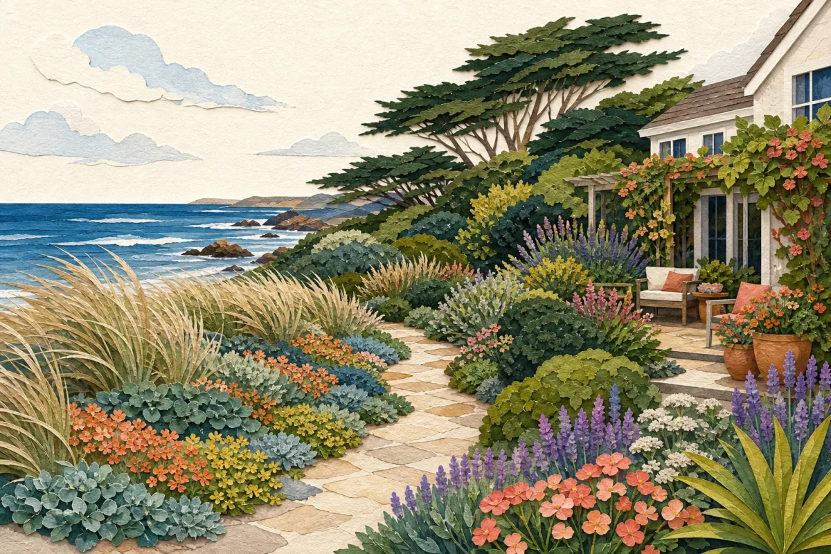 Layered coastal garden with wind-shaped outer planting, a sheltered middle layer, a protected seating area, sandy soil, and salt spray from the ocean side