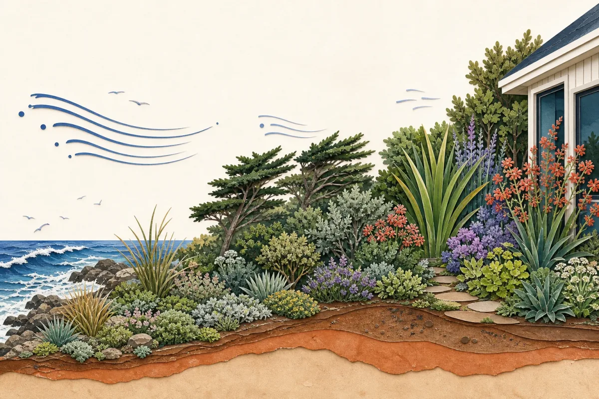 Coastal garden cutaway divided into an ocean-facing front line, a filtering shelter band, and a protected inner garden
