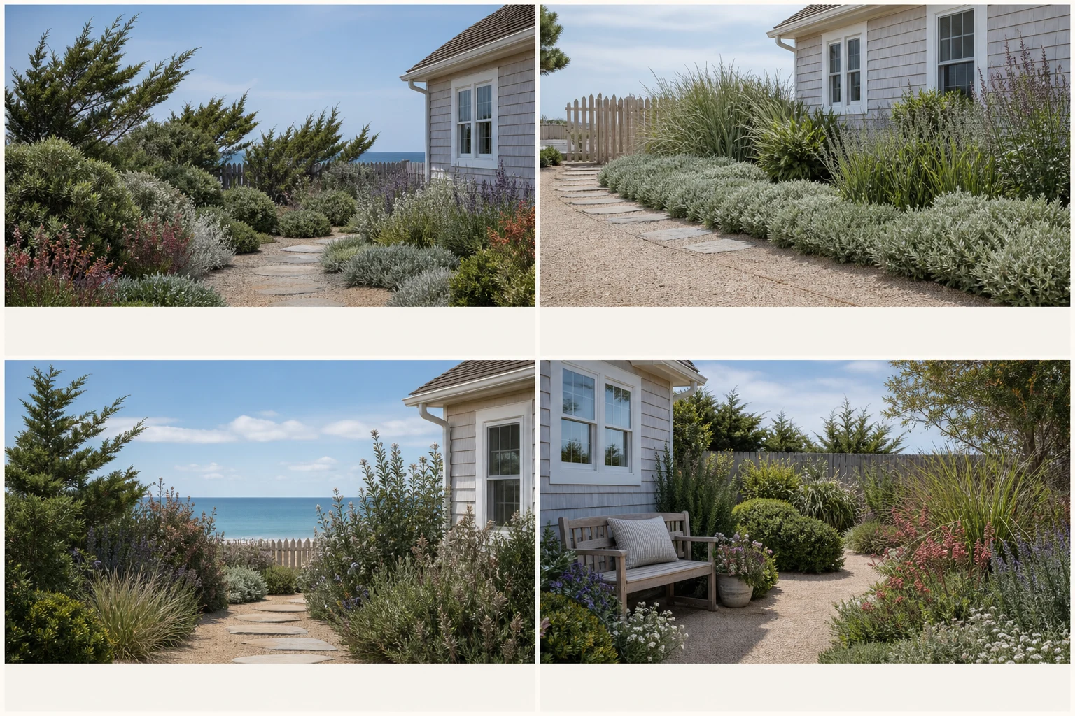 Four coastal garden views showing staggered wind-filtering planting, a repeated low ground layer, a framed ocean view, and a sheltered seat beside the house