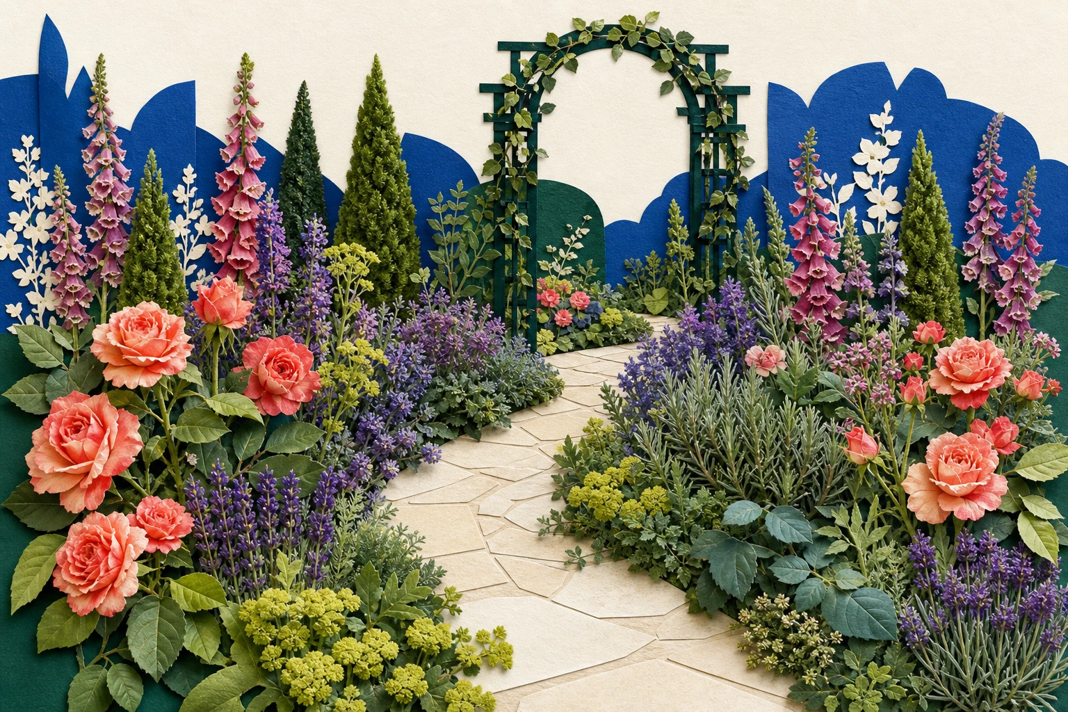 Lush cottage garden collage with a clear path, arbor, roses, tall flower spires, herbs, and repeated lavender planting