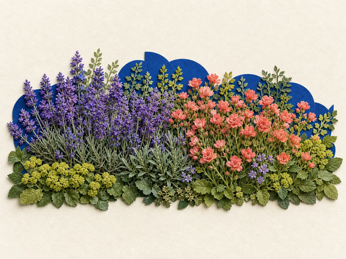 Cut-paper collage of two broad overlapping flower drifts showing a long-flowering middle layer