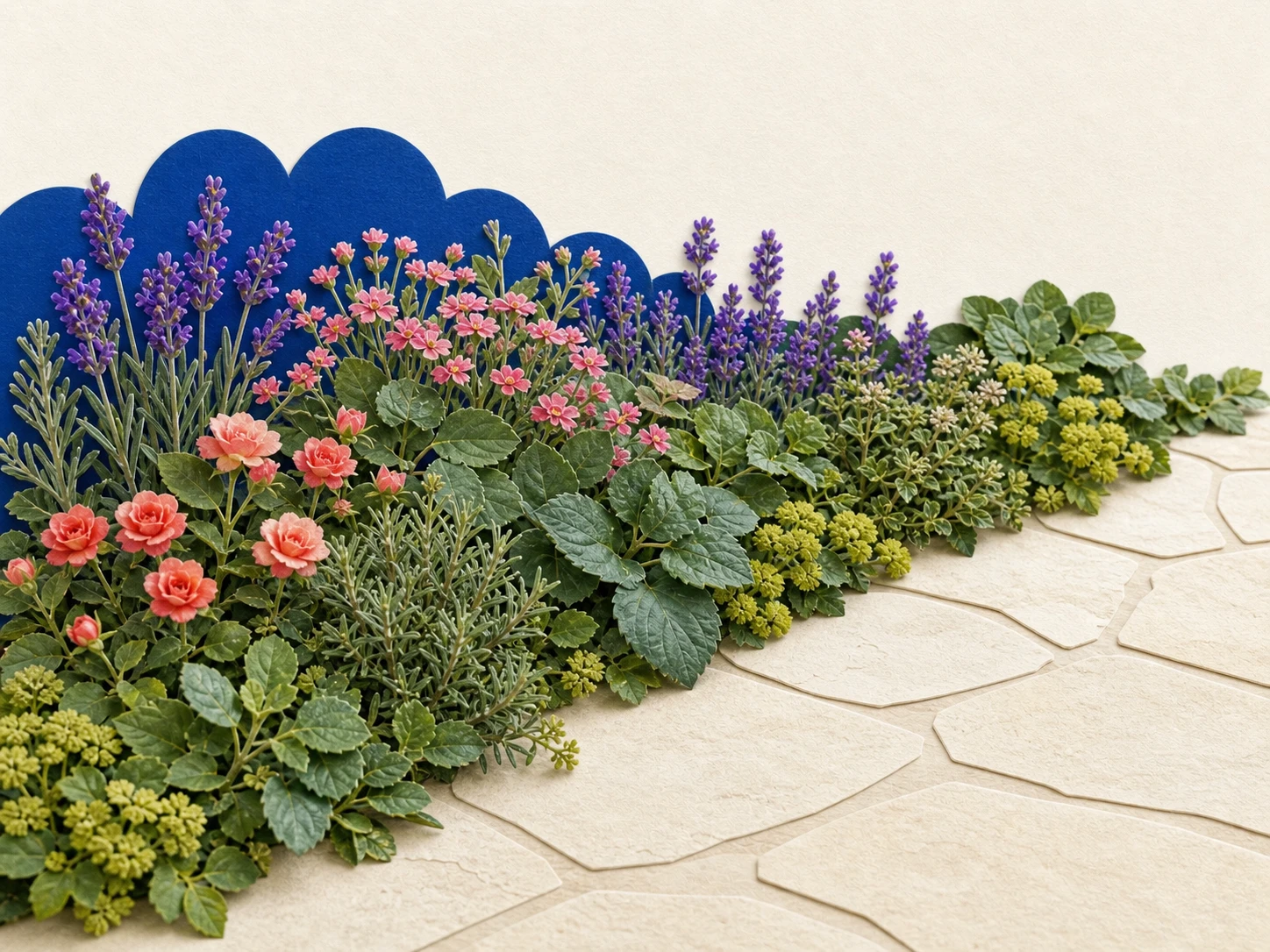 Cut-paper collage of low herbs and flowers softening the edge of a clear stone path