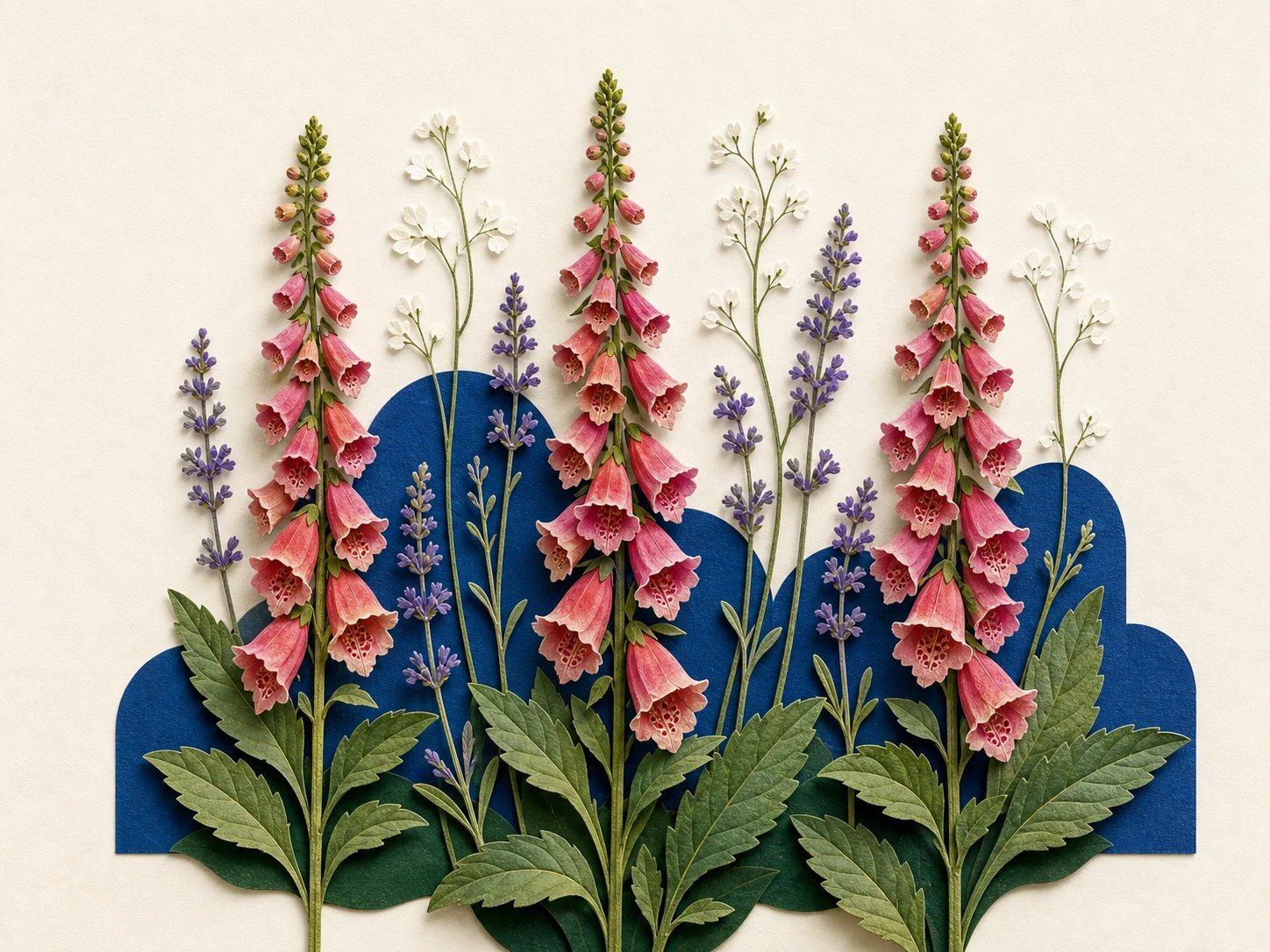 Cut-paper collage of repeated tall flower spires and airy stems showing vertical rhythm
