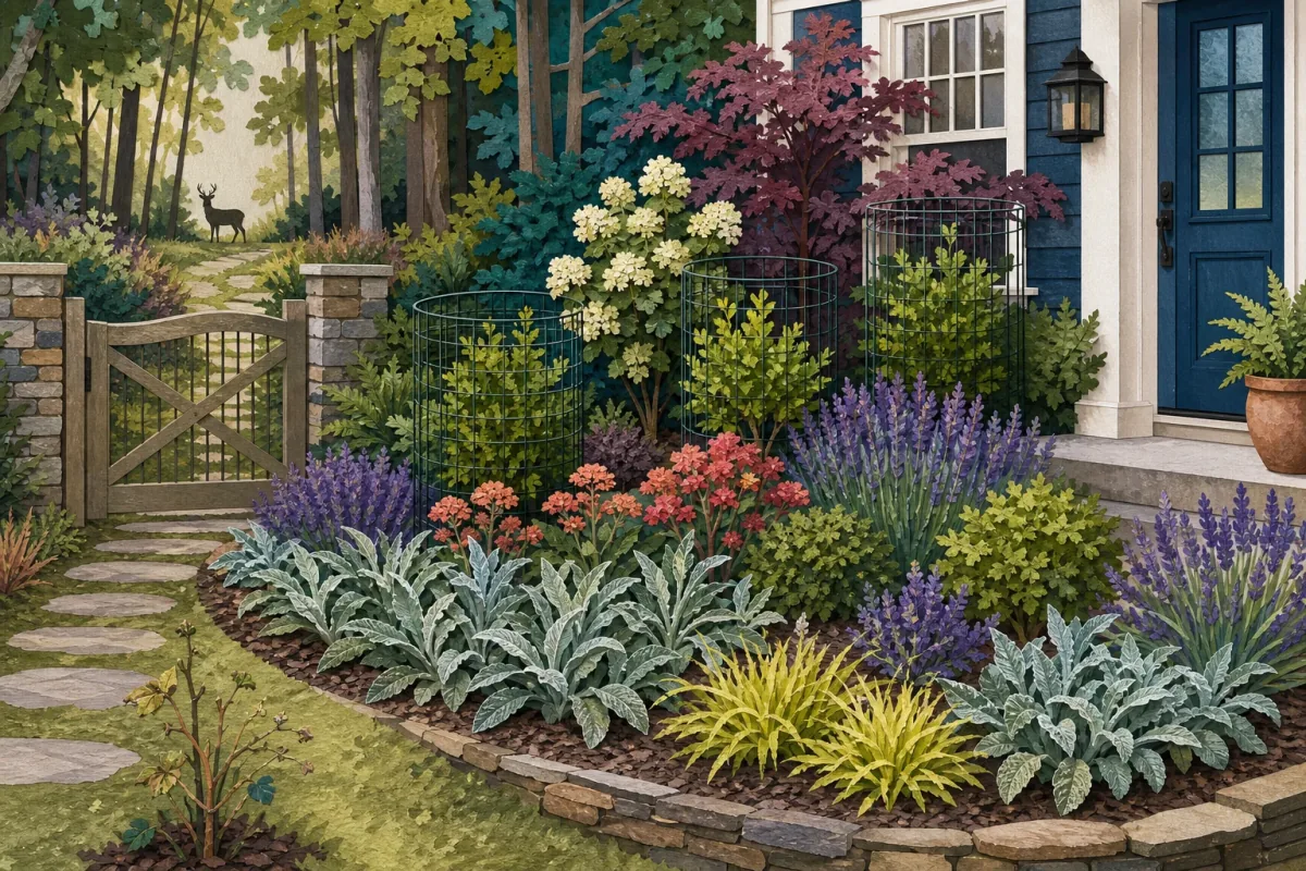 Layered home garden with a protected entry bed, aromatic and textured foliage, a deer route at the boundary, and vulnerable plants close to the house