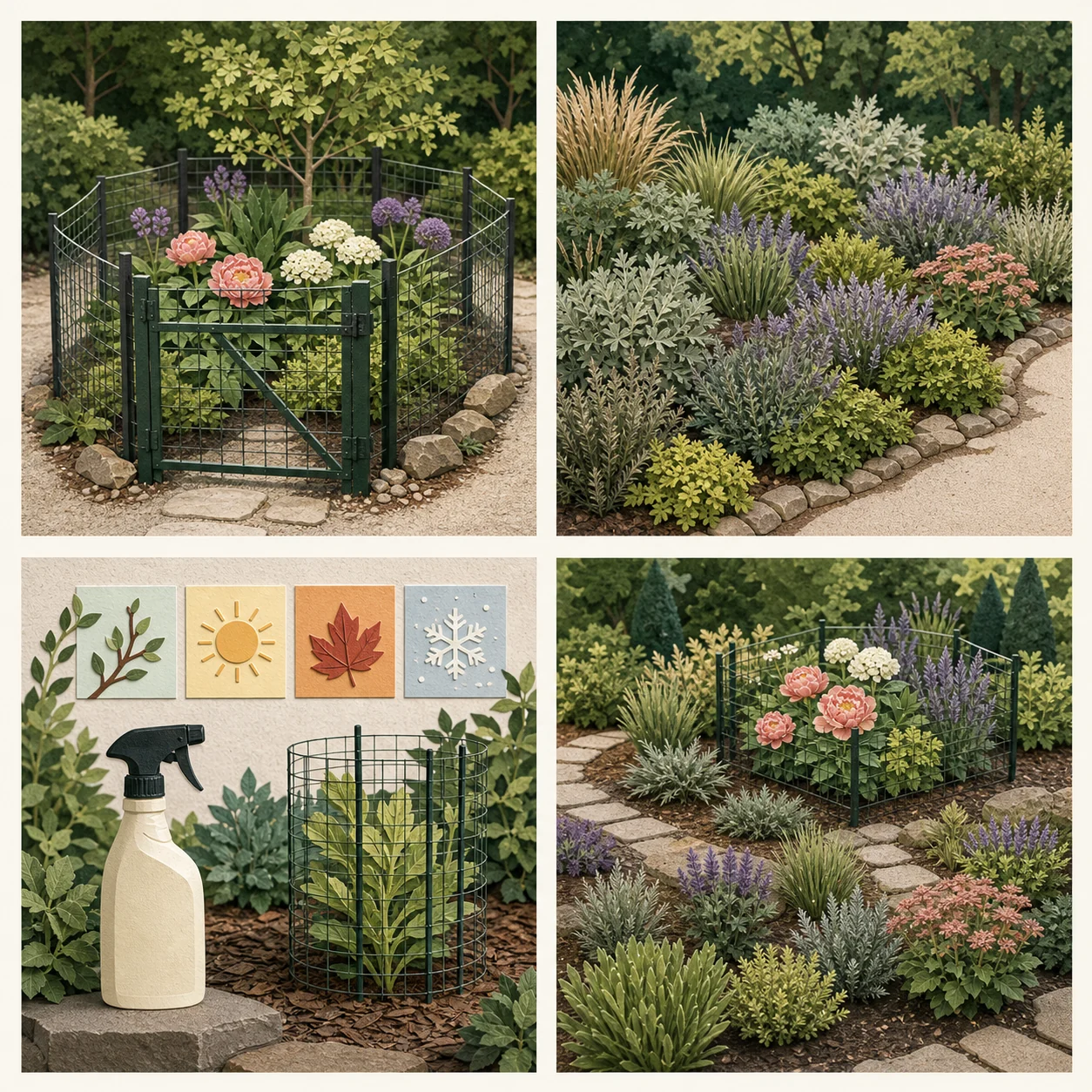 Four cut-paper garden studies showing physical protection, lower-preference planting, a seasonal deterrent routine, and vulnerable plants placed inside a protected pocket
