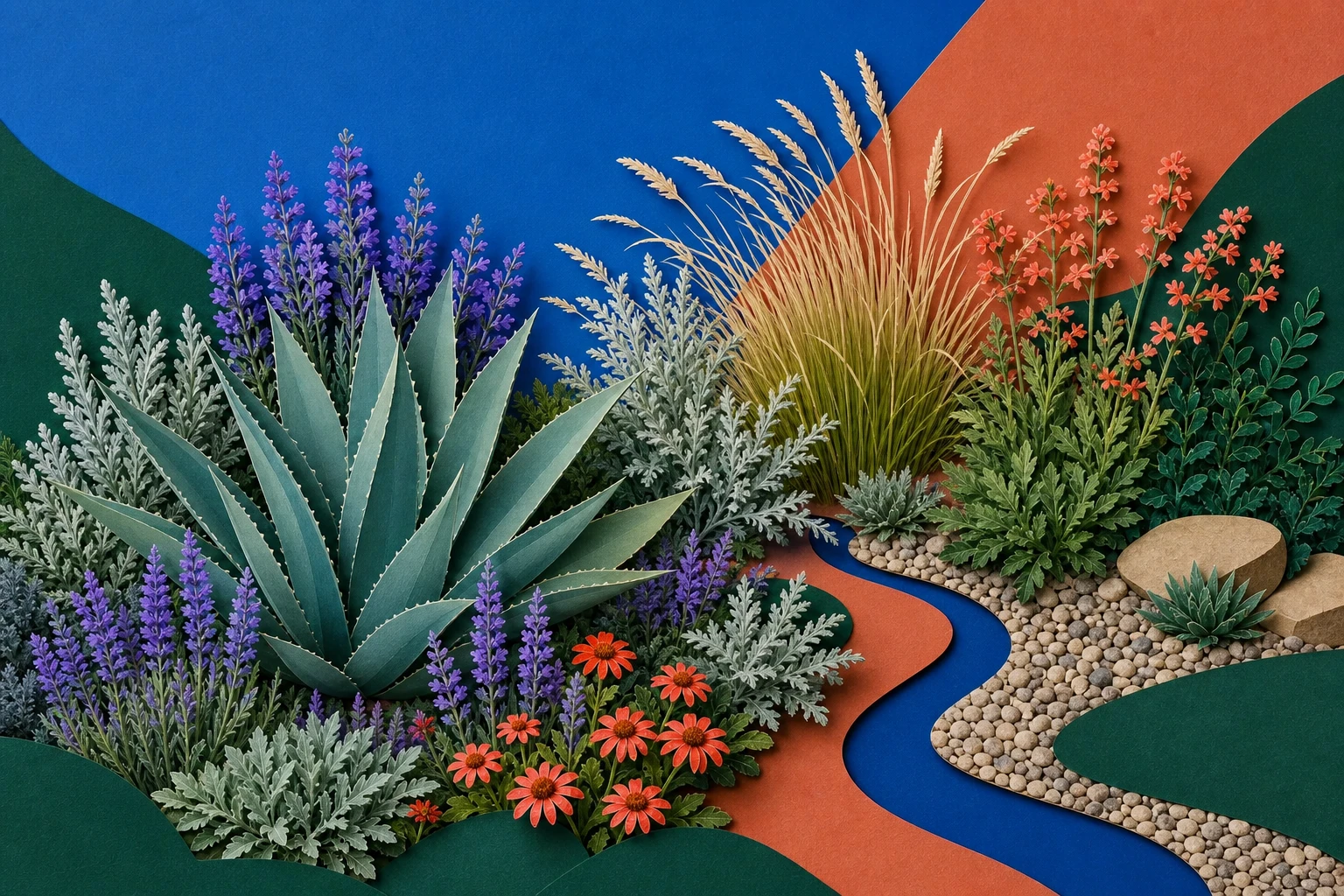 Colorful botanical collage of blue-green agave, silver foliage, lavender flowers, coral blooms, gravel, and cobalt and terracotta shapes