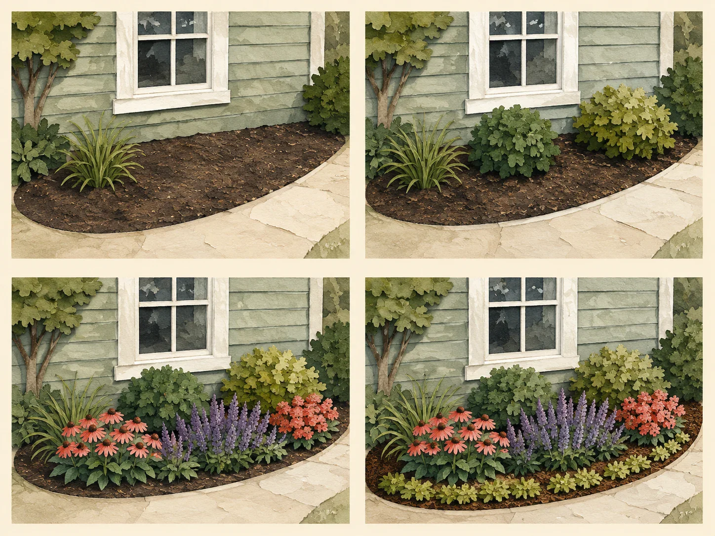 Watercolor sequence showing one flower bed moving from an open view to structure, repeated flowering groups, and a finished low edge