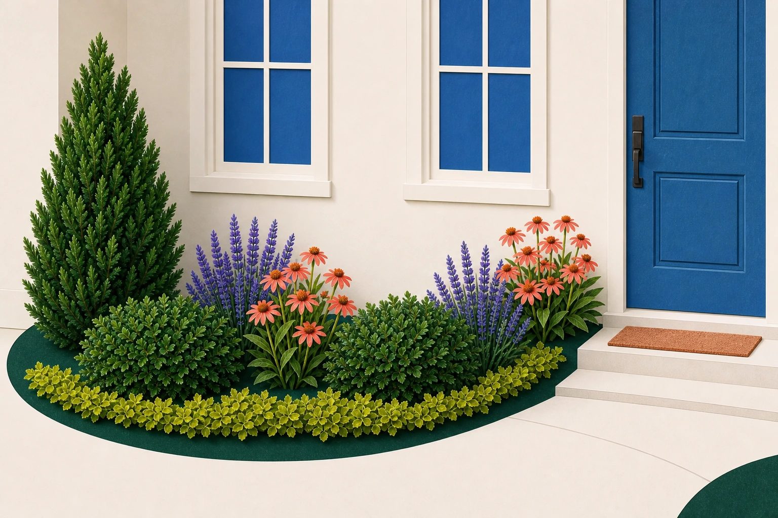 Foundation planting collage with a visible front door, open windows, repeated shrubs, flowers, and a low chartreuse edge
