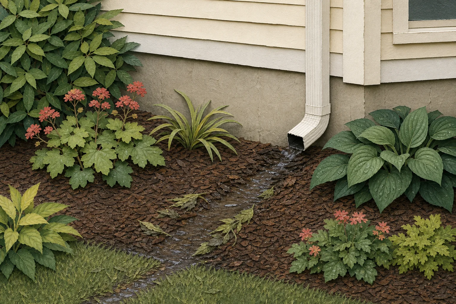 Illustrative downspout outlet with a small washed channel, displaced mulch, and flattened plants in the concentrated water path