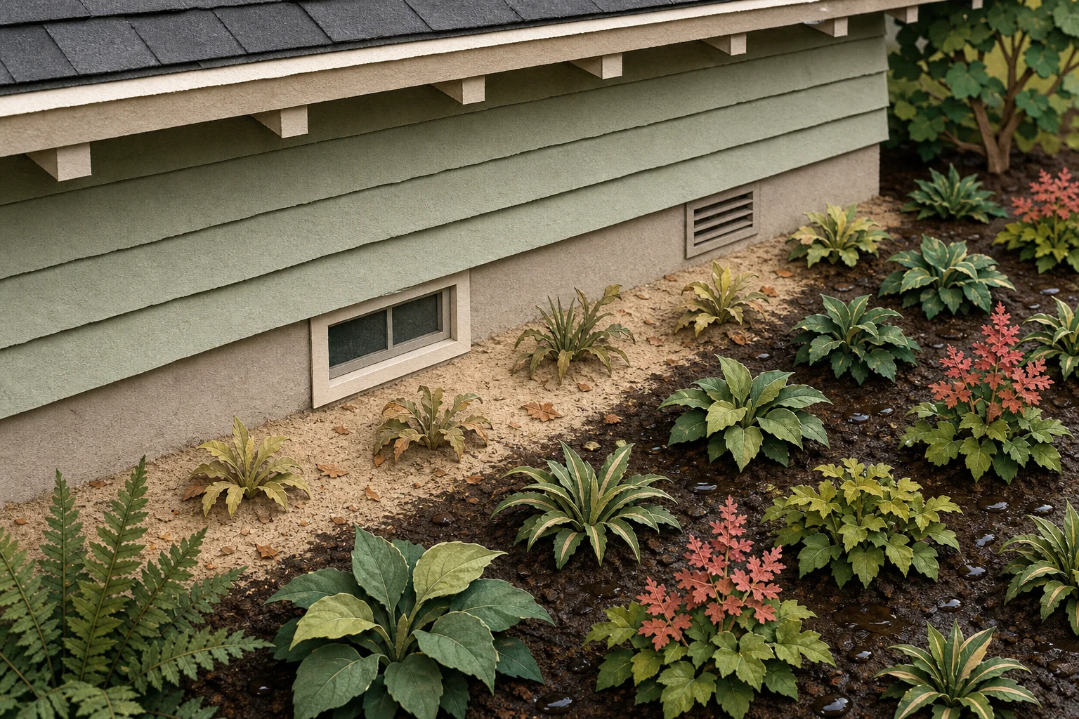 Illustrative foundation bed with dry pale soil and stressed foliage under the eave beside darker moist mulch farther from the wall