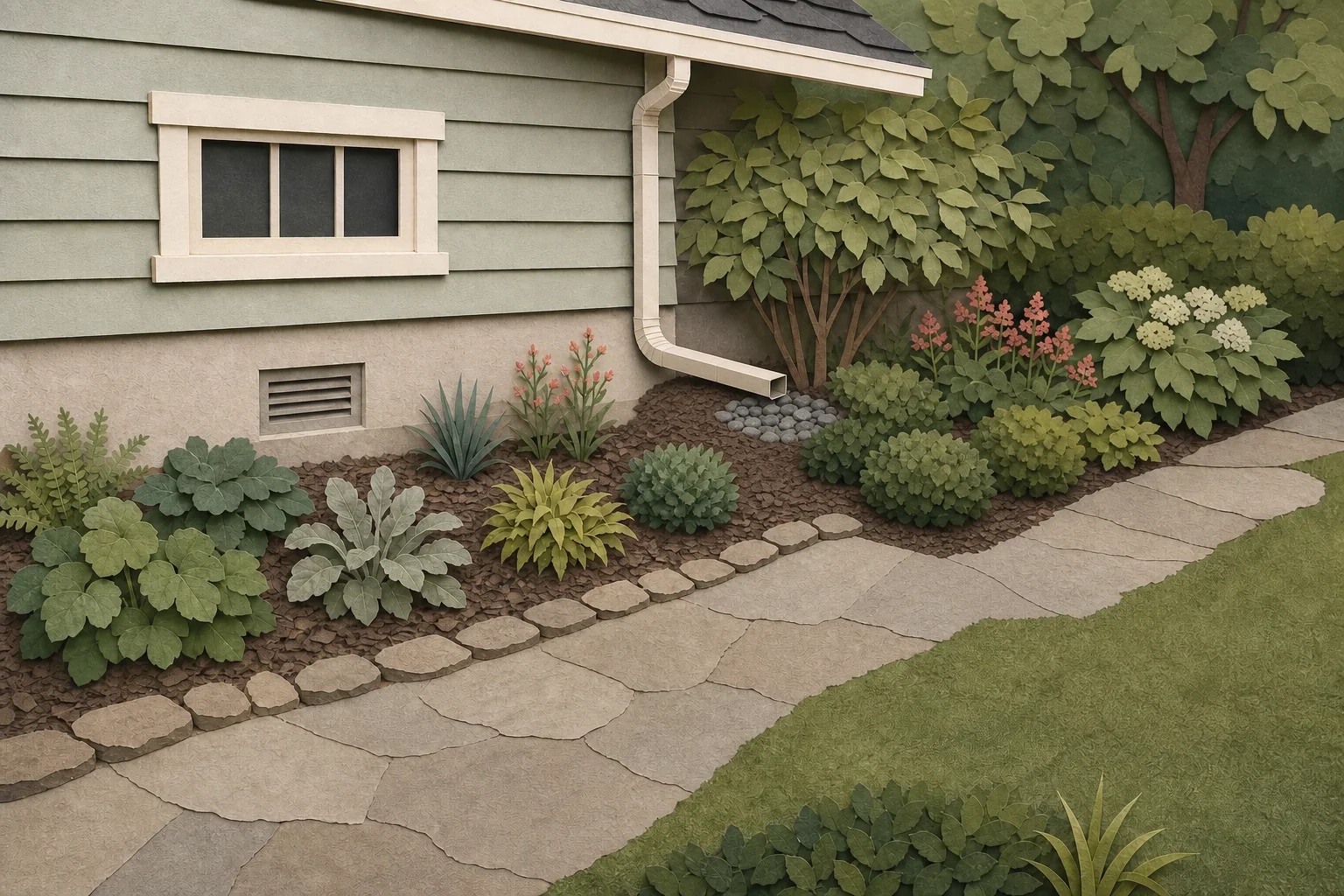 Illustrative foundation bed with repeated compact shrubs, open wall access, and a downspout extension ending on an open gravel splash area between plant crowns