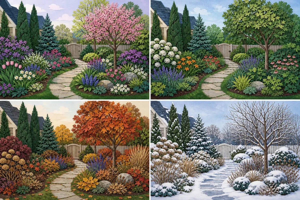 The same garden shown in spring, summer, autumn, and winter with constant evergreen structure and changing flowers, foliage color, seedheads, and bark