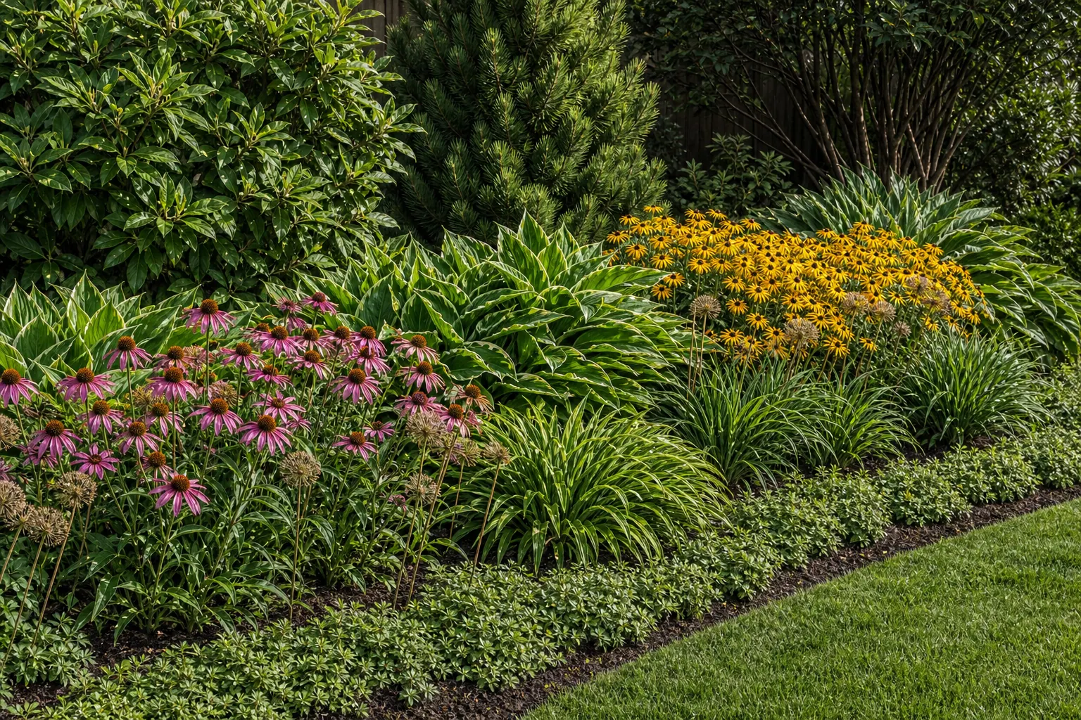 One garden border with woody and evergreen structure at the back, broad repeated foliage through the middle, two concentrated flowering and seedhead groups, and a continuous low ground layer