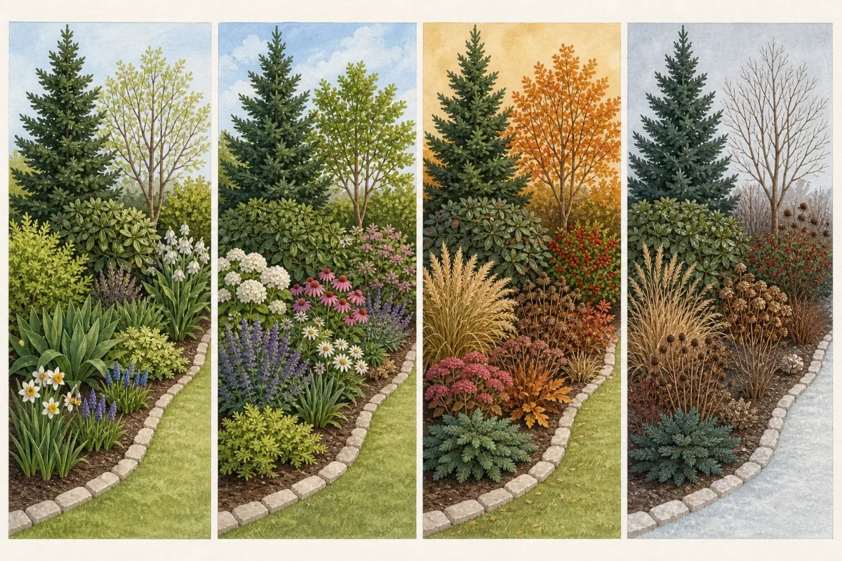 Horizontal sequence of the same planted border in spring, summer, autumn, and winter with persistent structure and changing seasonal layers