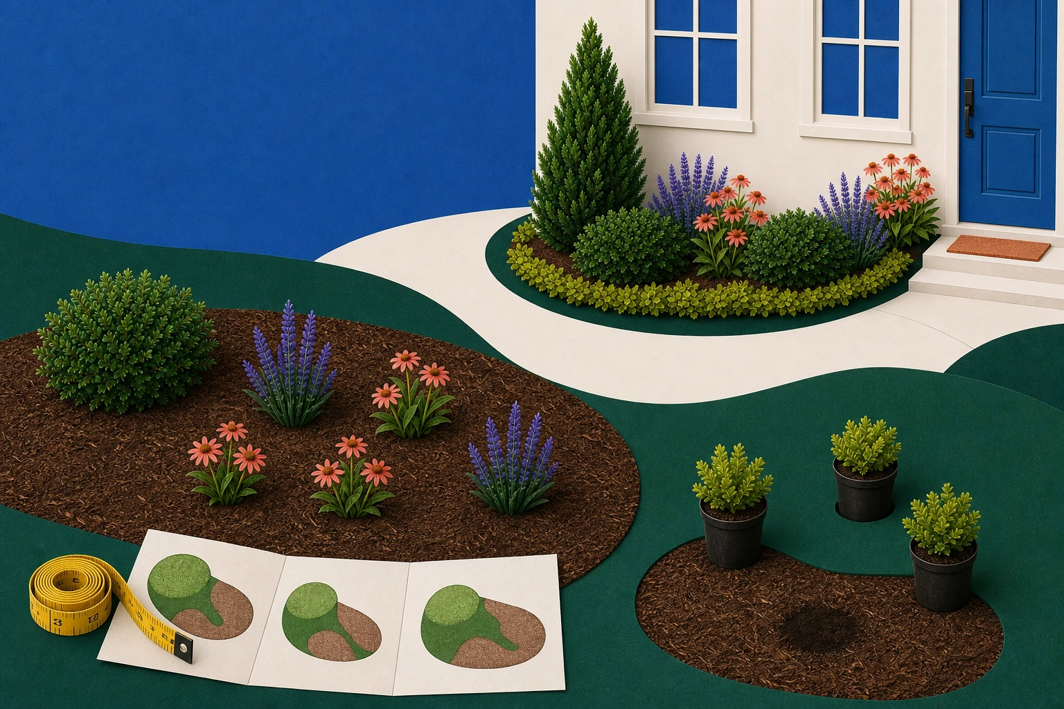 Budget front-yard planning collage with one finished entry bed, reused plants, younger spaced plants, mulched future zones, a tape measure, and a phased plan