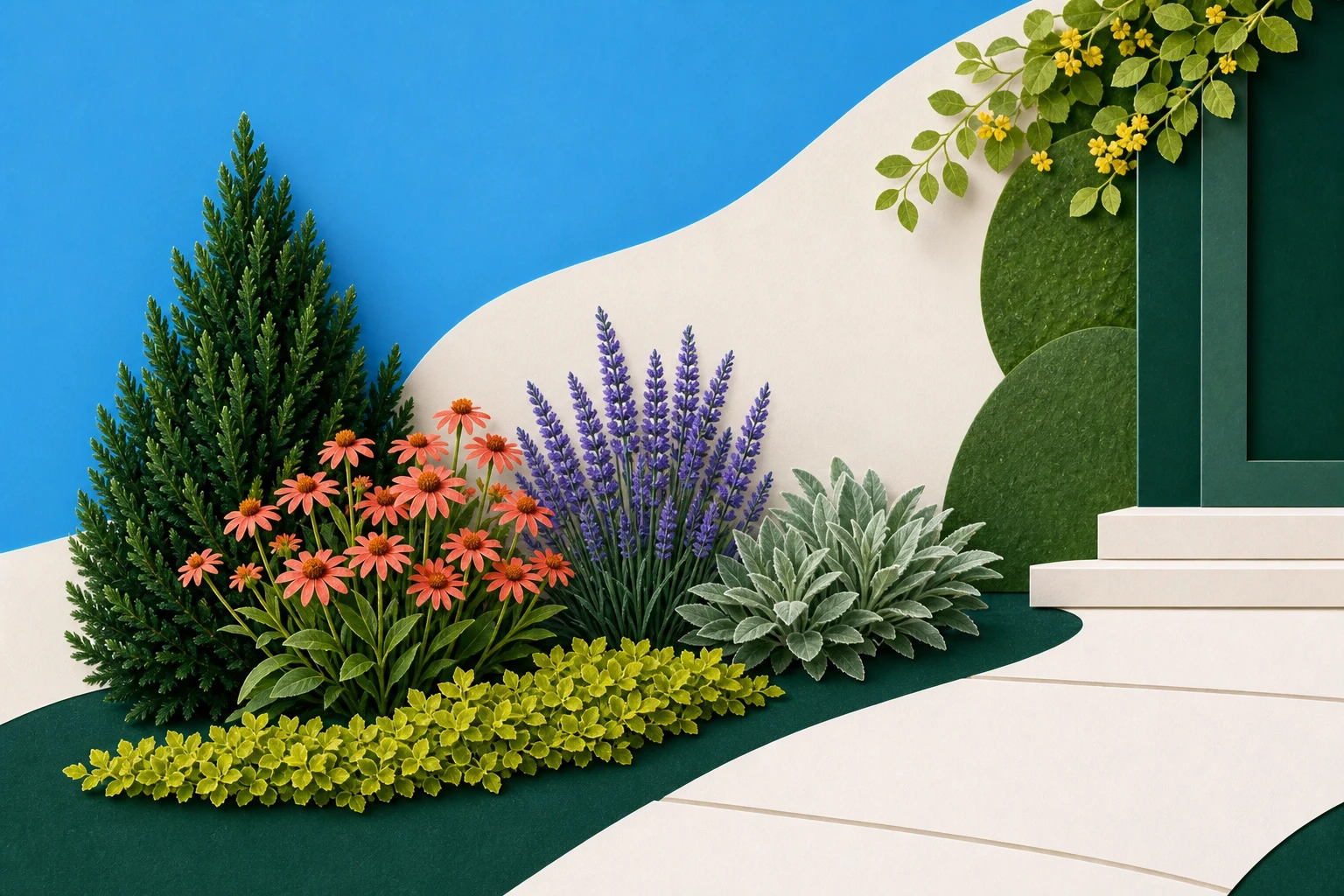 Colorful botanical collage of an evergreen, coral and lavender flowers, silver foliage, chartreuse edging, and a front path