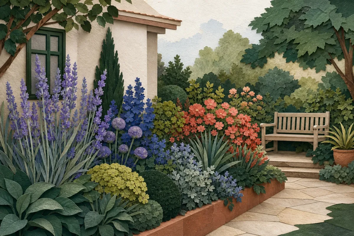 Garden palette collage combining house materials, deep green foliage, silver leaves, coral flowers, lavender flowers, and chartreuse accents