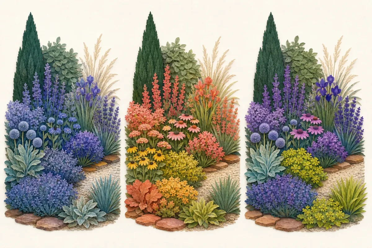 Three garden borders comparing a quiet single-hue palette, a neighboring-color palette, and a high-contrast opposite-color palette