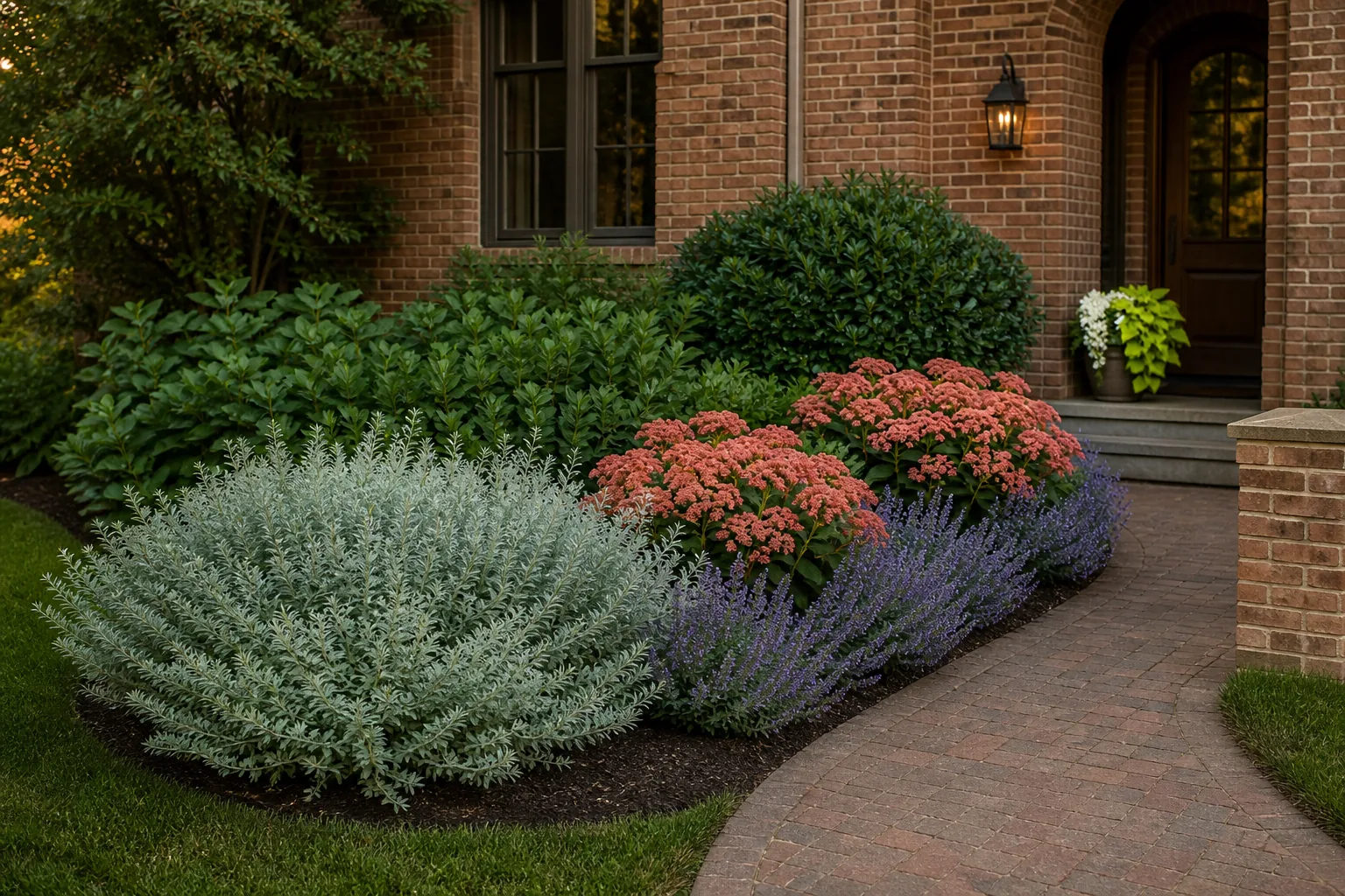 Warm-brick entry bed with a broad deep-green foliage field, repeated coral flower masses, smaller lavender groups, and a bright accent near the door