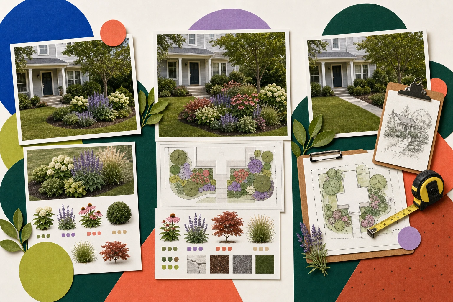 Editorial collage comparing a self-guided garden concept, an online landscape design packet, and an in-person professional site plan for the same front yard