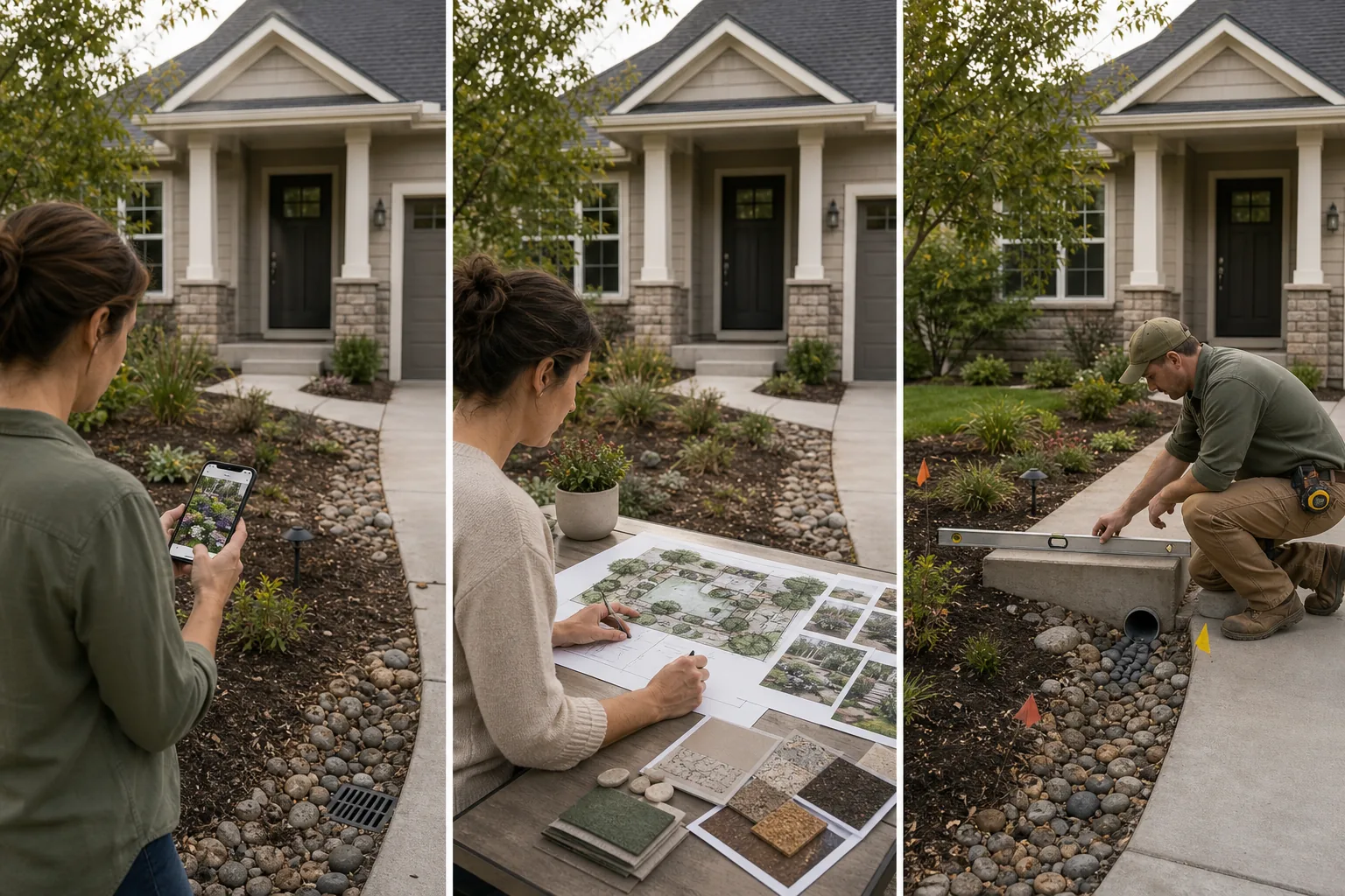 The same front entry shown with a homeowner testing a planting direction on a phone, a remote designer coordinating a wider plan, and an on-site professional checking drainage and step conditions