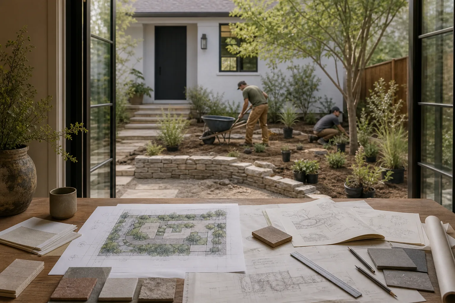 Landscape plans, measurements, revisions, and material samples on a table in front of a yard where workers are installing soil, stone, and plants