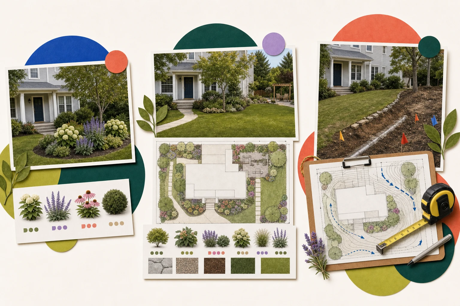 The same suburban yard shown as a planting bed study, a coordinated whole-property plan, and physical site work with drainage and utility checks