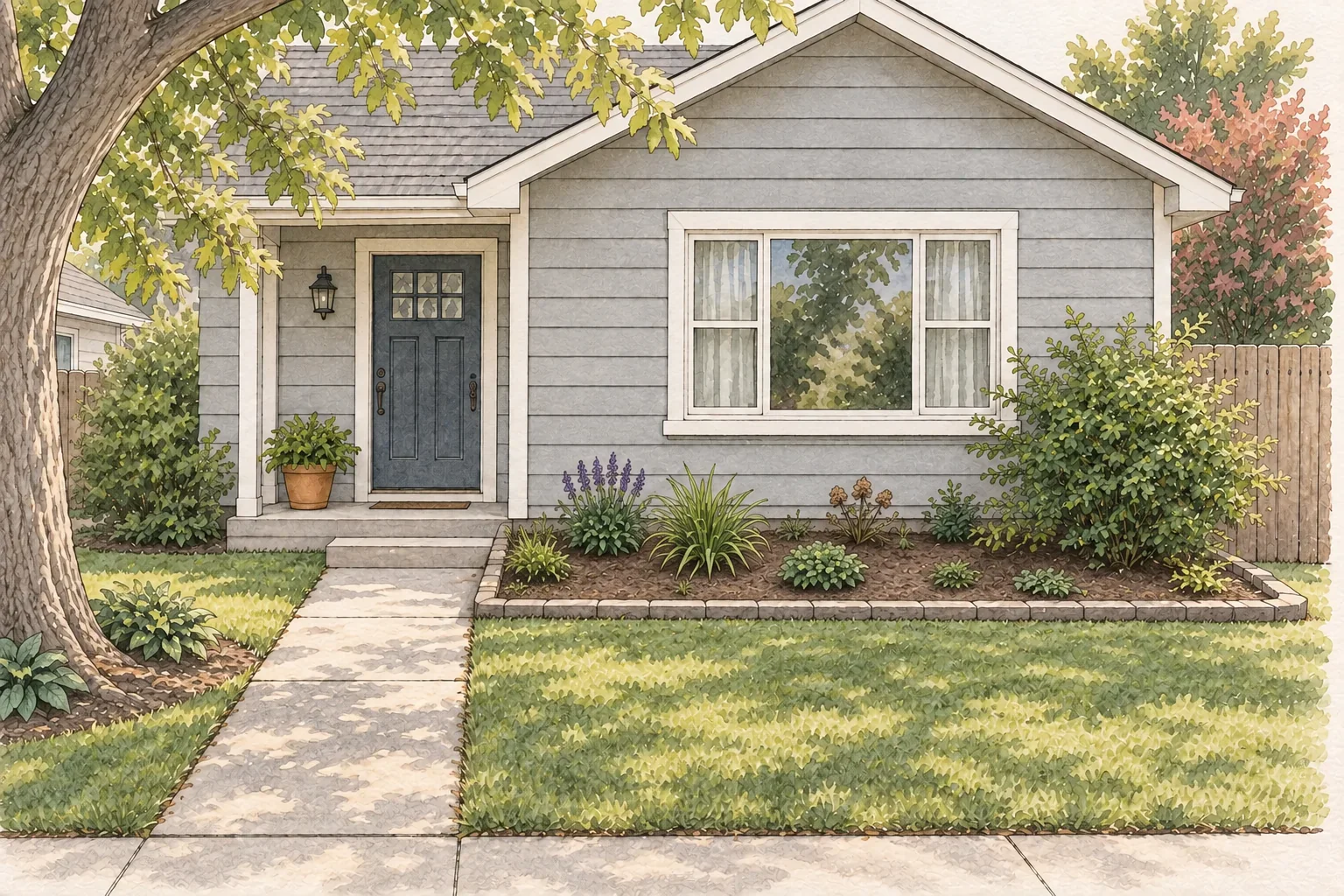 Watercolor and graphite view of a front yard with the house and steps, the walk to the door, and one clear planting bed visible