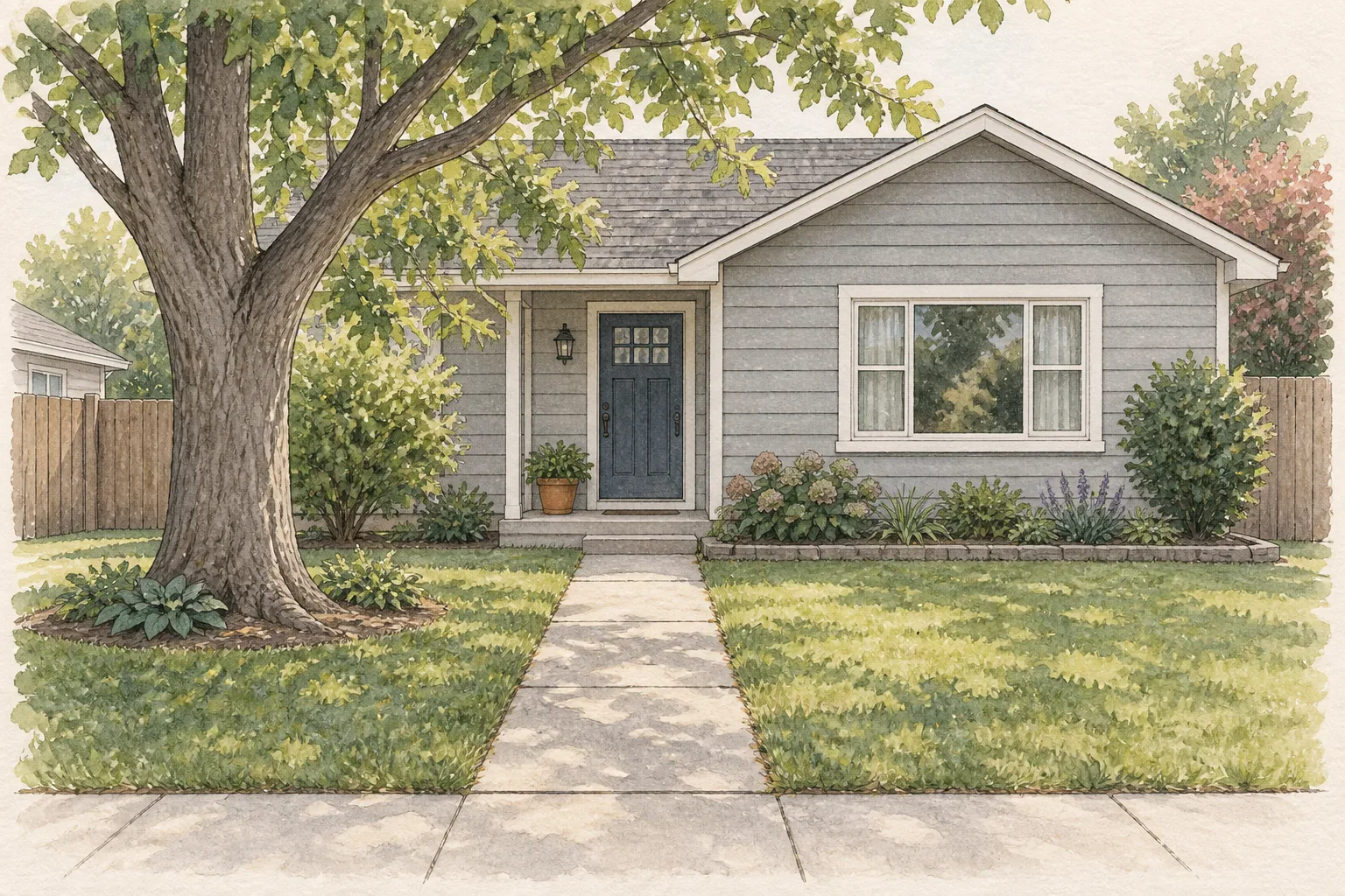 Watercolor and graphite view of an existing front yard with a house, walk, mature tree, fence, lawn, and a shallow planting bed