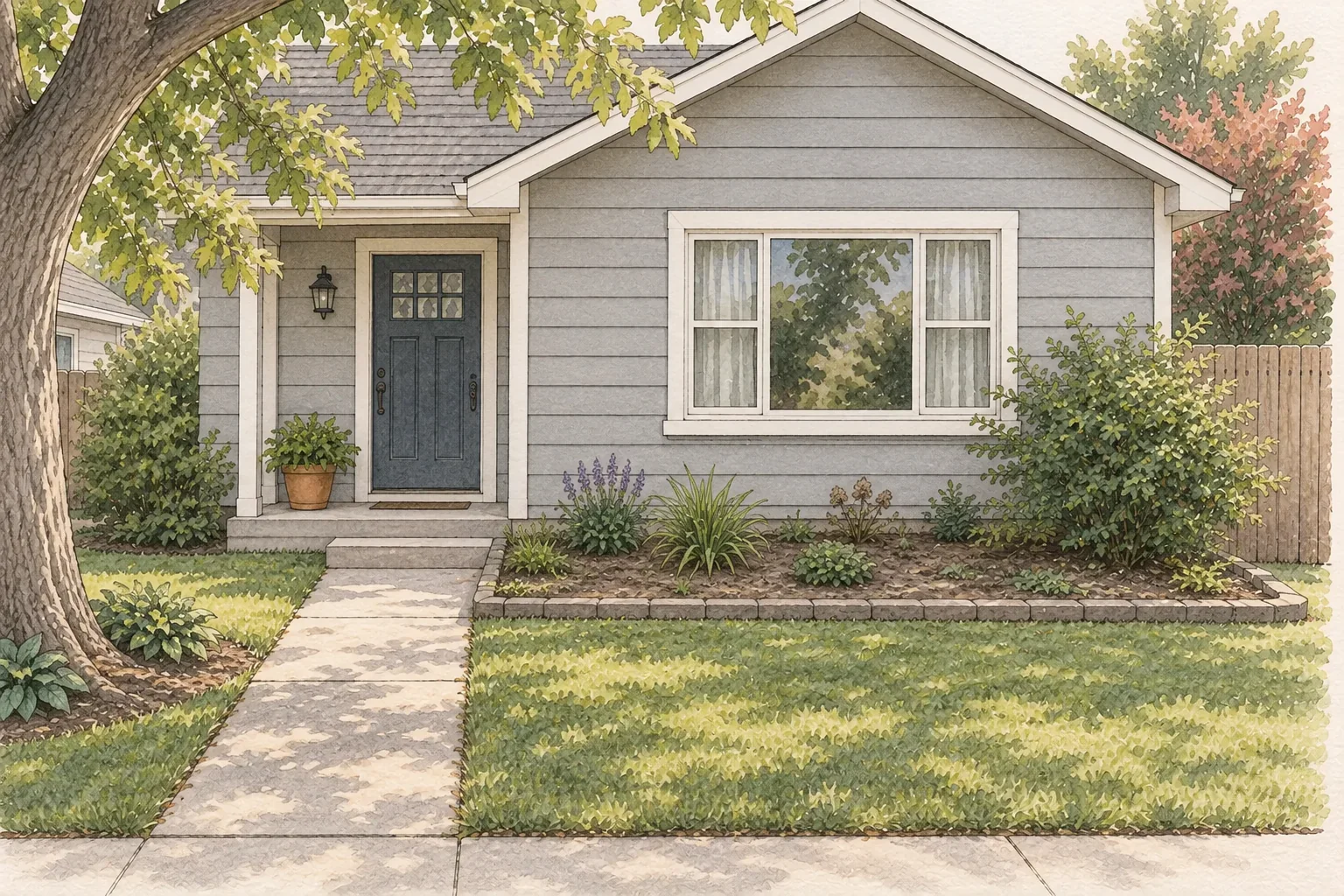 Before redesign: a sparse, scattered entry bed beside the house and walk